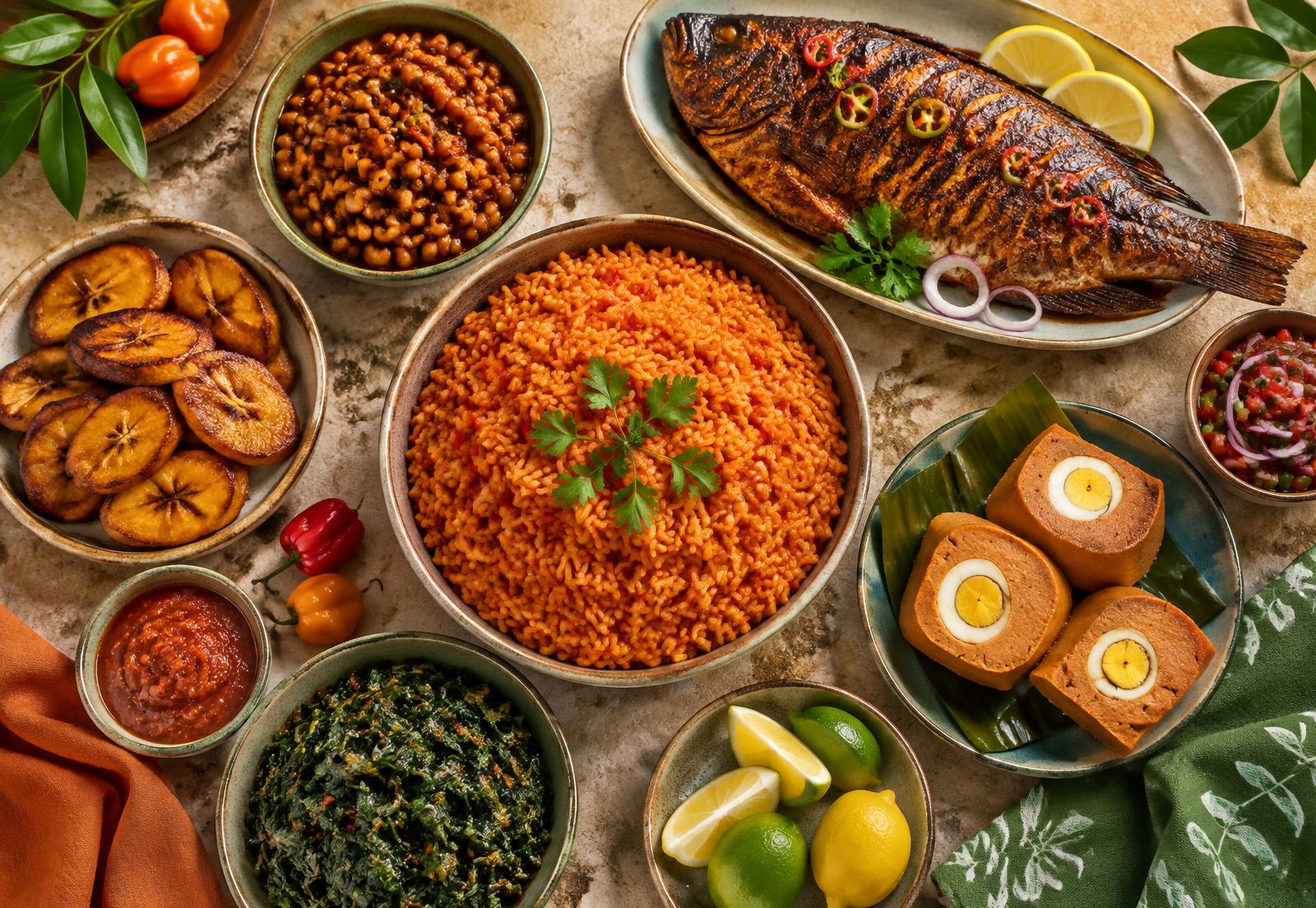 A colourful spread of African meals including jollof rice, fish, beans and plantain